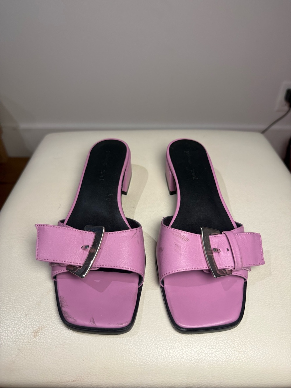 Paloma Wool Pink Leather Buckle Square Toe Block Heel Mules Sandals Size 7